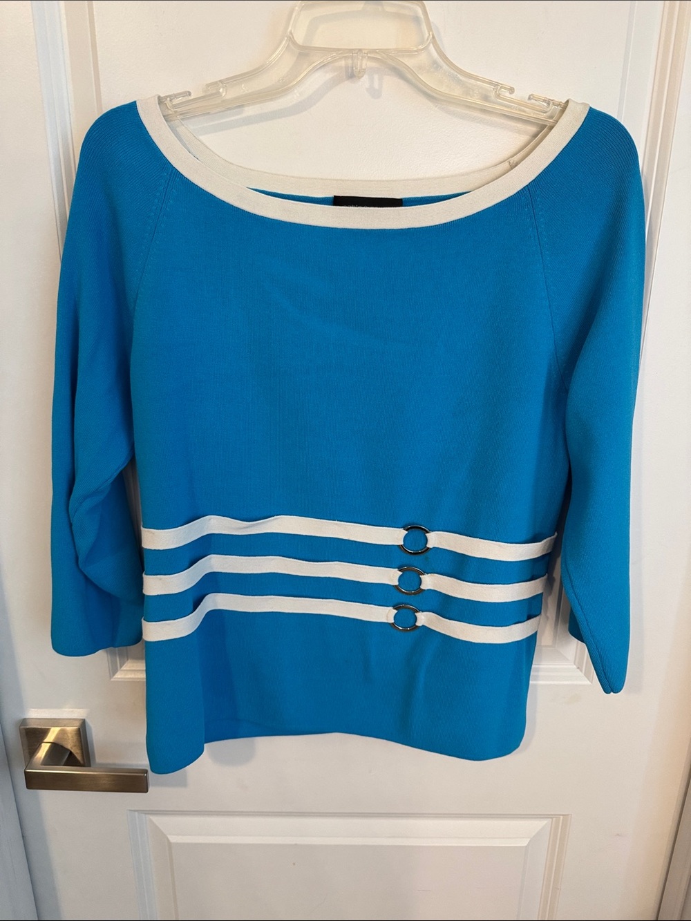 Cable & Gauge Teal-Blue Boatneck Sweater with White Stripe Accents